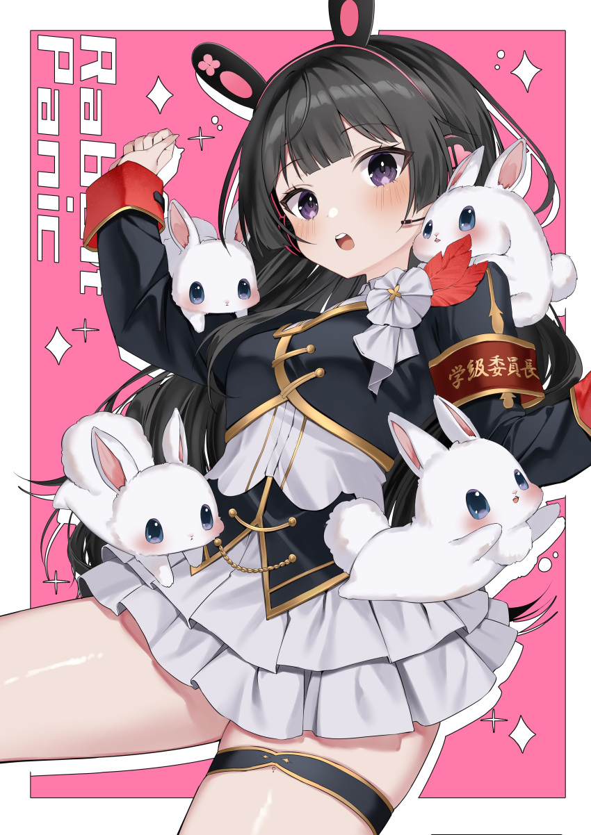 1girl :d absurdres animal_ear_headphones animal_ears armband black_hair black_jacket blush border clenched_hand cowboy_shot dark_skin fake_animal_ears hand_up headphones highres ia_1928 jacket legs_apart long_hair long_sleeves looking_at_viewer miniskirt nijisanji open_mouth outline pink_background pleated_skirt purple_eyes rabbit rabbit_ear_headphones rabbit_on_shoulder red_armband sidelocks simple_background skirt sleeve_cuffs smile solo straight_hair teeth thigh_strap tsukino_mito upper_teeth_only virtual_youtuber white_border white_outline white_skirt