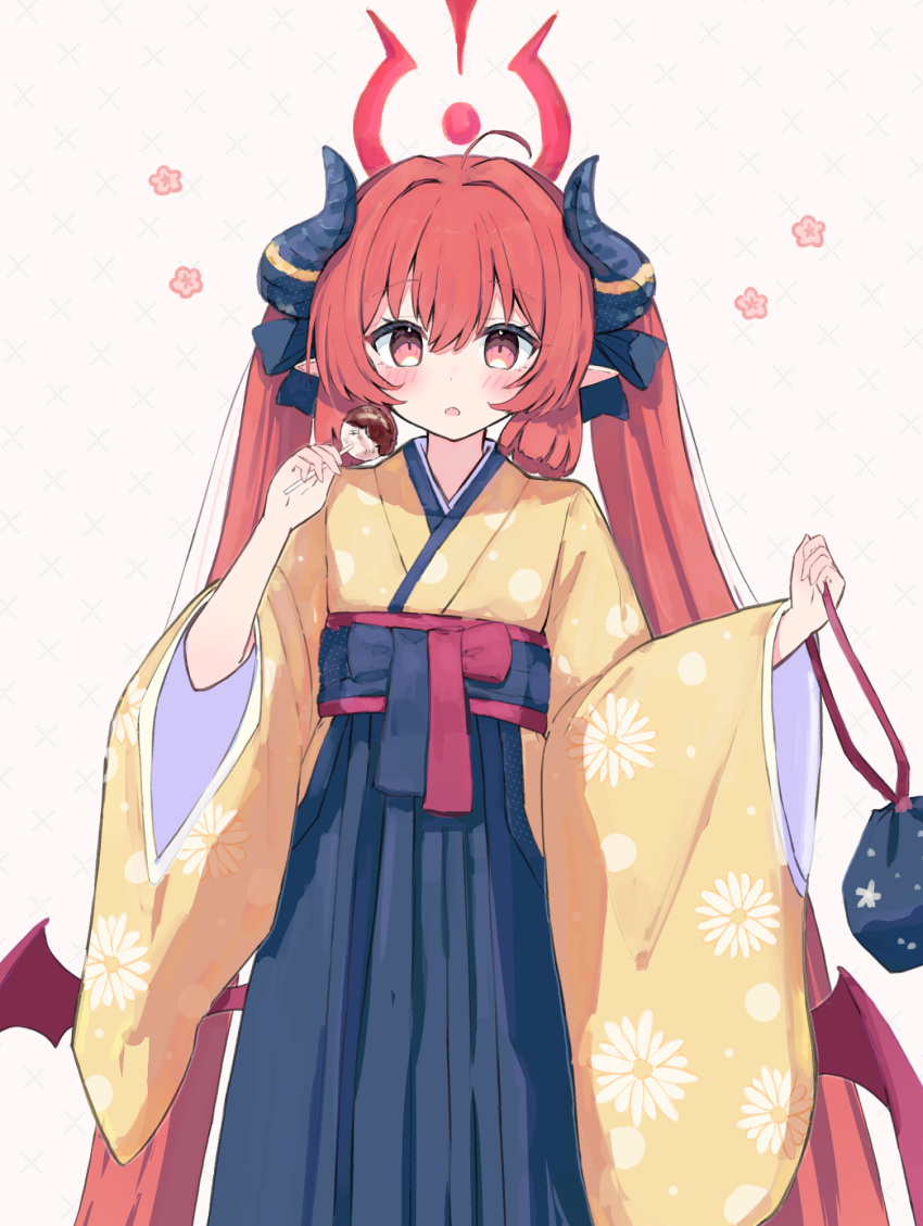 1girl ahoge black_hakama blue_archive blush demon_wings food hakama halo highres holding holding_food japanese_clothes junko_(blue_archive) junko_(new_year)_(blue_archive) kimono long_hair long_sleeves official_alternate_costume open_mouth pointy_ears red_eyes red_hair red_halo red_wings sateto_(user_knrf2332) solo wide_sleeves wings yellow_kimono