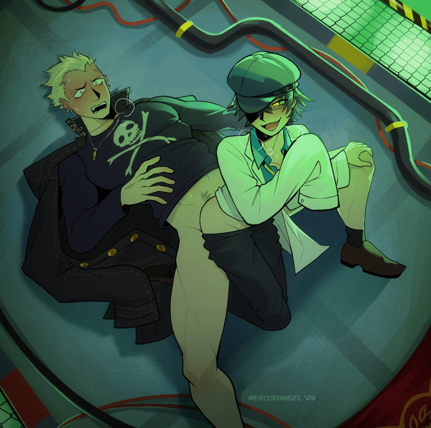 1boy 1girl androgynous blonde_hair blush cabbie_hat clothed_sex fang full-face_blush gesugao_enthusiast glowing glowing_eyes hand_on_another's_knee hat hat_over_one_eye highres lab_coat male_pubic_hair necktie open_collar oversized_clothes persona persona_4 pubic_hair reverse_cowgirl_position reverse_trap scar scar_on_face school_uniform sex shadow_(persona) shadow_naoto shirogane_naoto short_hair skull_and_crossbones smile straddling sweatdrop tatsumi_kanji yasogami_school_uniform yellow_eyes yellow_necktie