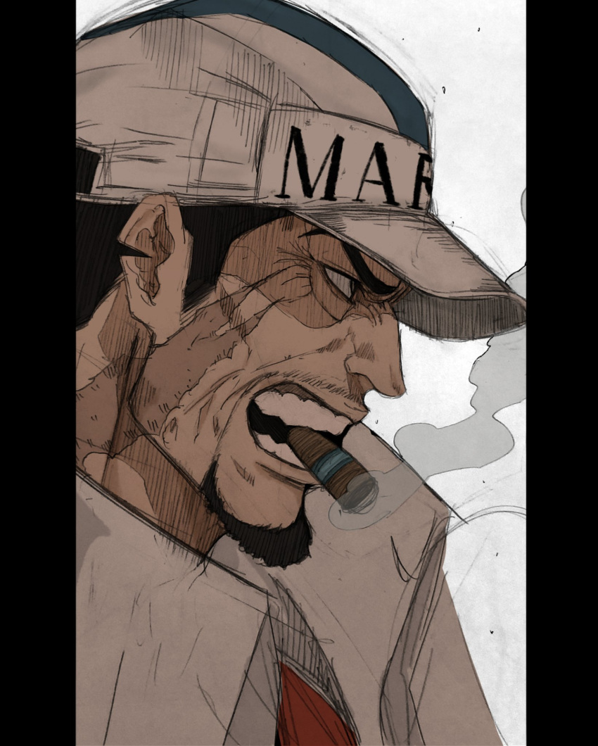 1boy bake_ryori baseball_cap black_eyes black_hair cigar commentary_request facial_hair from_side goatee hat highres male_focus mouth_hold one_piece open_mouth pillarboxed sakazuki_(akainu) scar scar_on_cheek scar_on_face short_hair smoke solo teeth