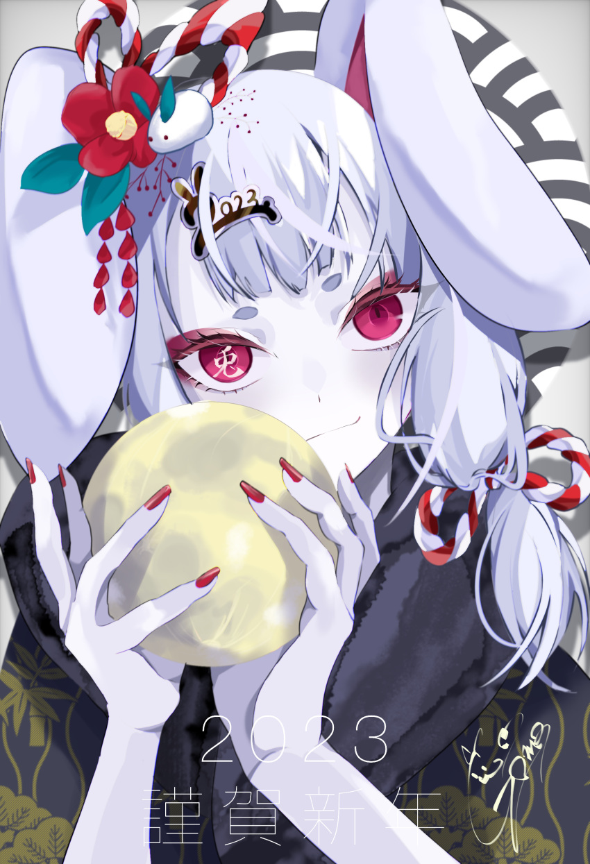 1girl 2023 absurdres animal_ears black_kimono chinese_zodiac closed_eyes colored_skin goma_irasuto hair_ornament happy happy_new_year highres japanese_clothes kimono long_hair looking_at_viewer new_year original pink_eyes rabbit_ears smile white_hair white_skin year_of_the_rabbit