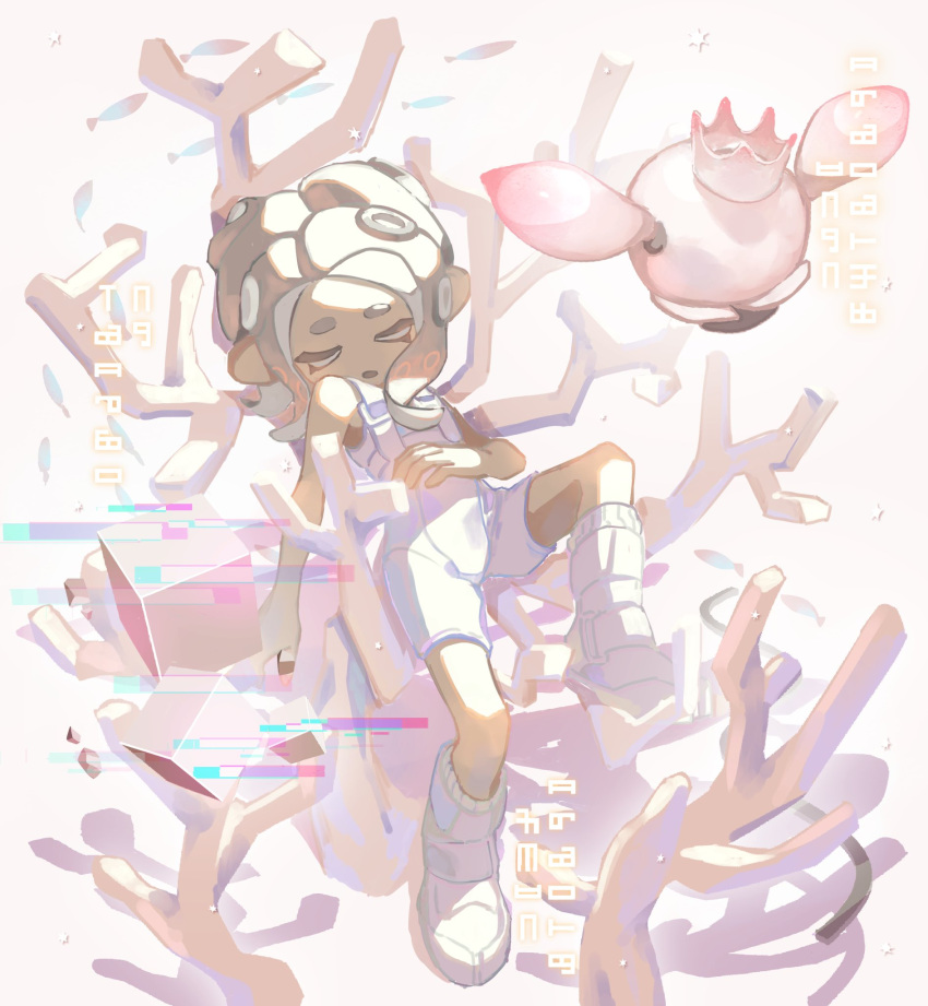 05_ruri 2girls :o agent_8_(splatoon) arm_at_side bodysuit boots closed_eyes crown drone fish floating full_body glitch grey_hair hand_around_waist hand_on_own_stomach highres in_tree kneehighs long_hair multiple_girls no_nose non-humanoid_robot octoling octoling_girl octoling_player_character open_mouth pearl_drone_(splatoon) robot sleeping sleeping_upright sleeveless sleeveless_bodysuit socks splatoon_(series) splatoon_3 splatoon_3:_side_order suction_cups tentacle_hair tree white_background white_bodysuit white_footwear white_socks