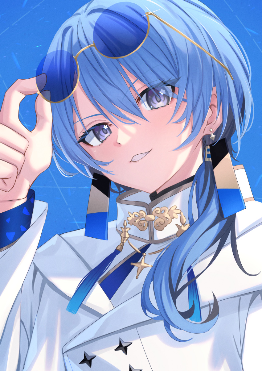 1girl absurdres aoi_zerii blue_eyes blue_hair blush commentary_request earrings hair_between_eyes highres hololive hoshimachi_suisei hoshimachi_suisei_(8th_costume) jewelry long_hair looking_at_viewer official_alternate_costume round_eyewear smile solo star_(symbol) star_in_eye sunglasses symbol_in_eye tassel virtual_youtuber