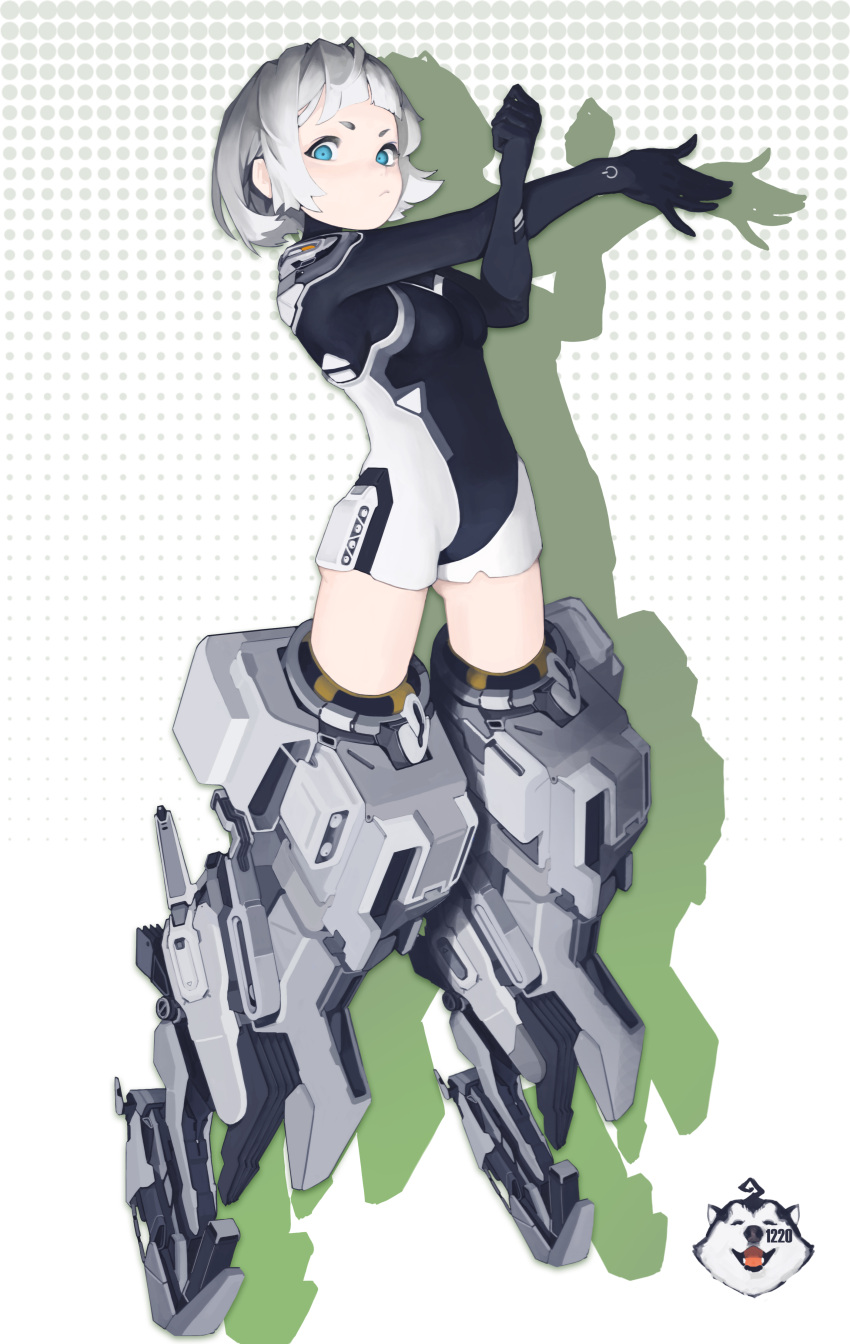 1girl absurdres artist_logo ass_visible_through_thighs blue_eyes bodysuit breasts closed_mouth dog drop_shadow full_body grey_hair halftone halftone_background highres husky leotard looking_at_viewer mecha_musume medium_breasts original power_symbol shadow short_hair skin_tight solo standing stretching thighs white_hair yang_youcai