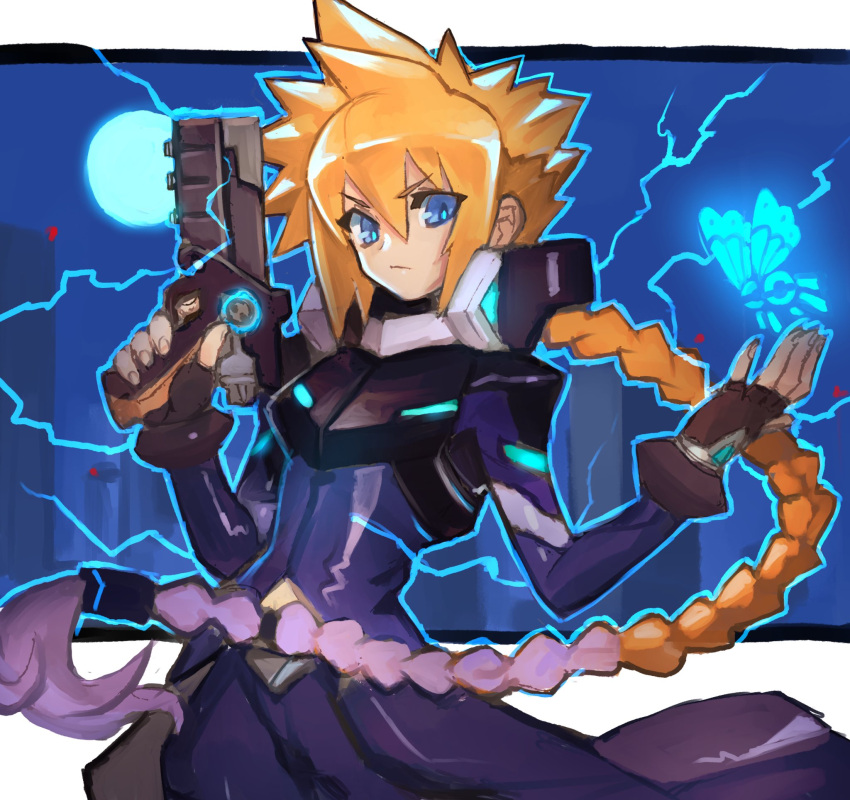 1boy armor azure_striker_gunvolt azure_striker_gunvolt_2 blonde_hair blue_coat blue_eyes braid braided_ponytail breastplate bug butterfly coat cowboy_shot dakusuta electricity full_moon glowing_butterfly gun gunvolt hair_between_eyes highres holding holding_gun holding_weapon long_hair looking_at_viewer moon solo spiked_hair upper_body weapon