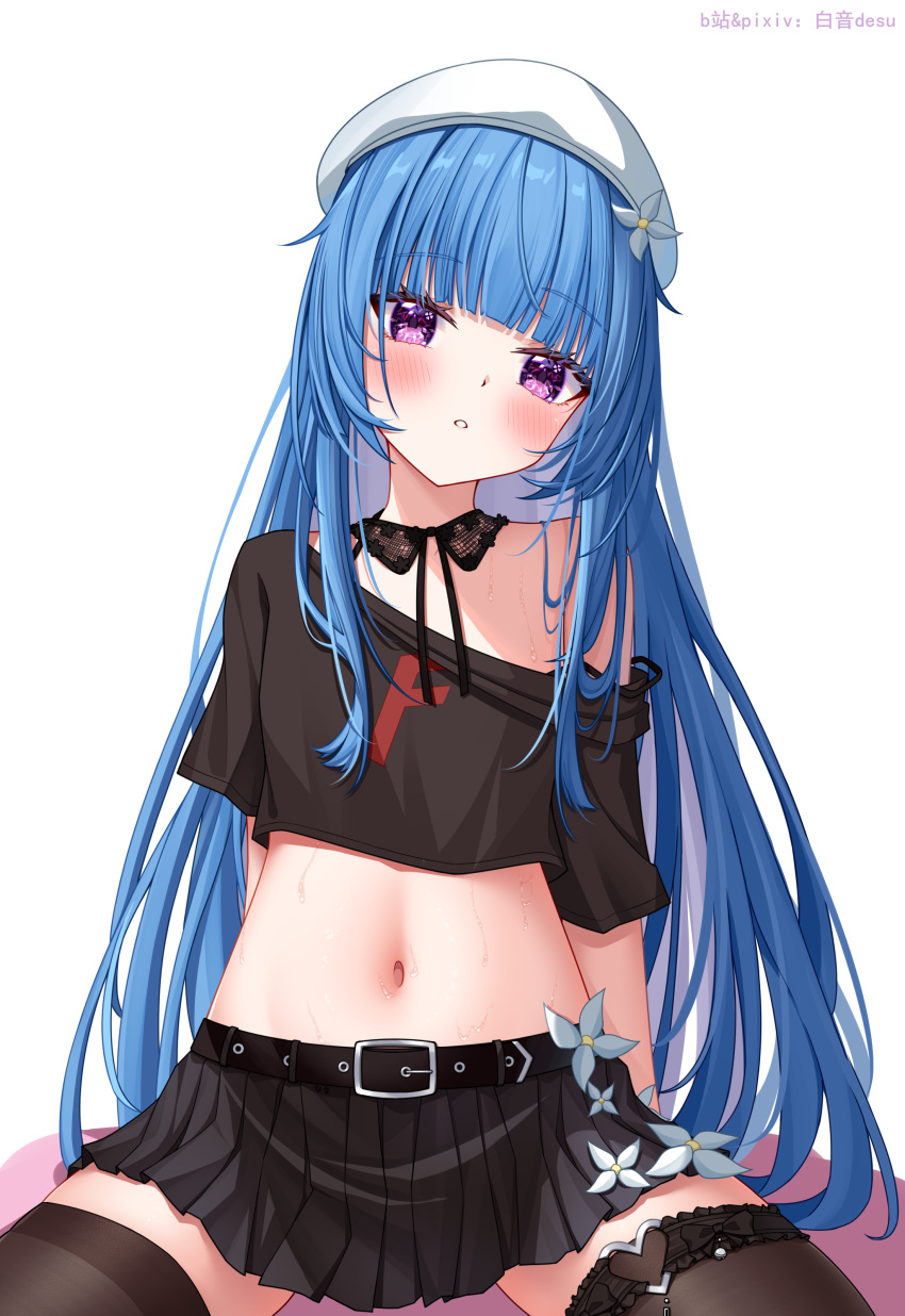 1girl absurdres arms_behind_back baiyin_(sif123456) bare_shoulders belt beret black_shirt black_skirt blue_hair brown_thighhighs crop_top detached_collar flower hat head_tilt heart highres long_hair looking_at_viewer midriff miniskirt navel off_shoulder original parted_lips pleated_skirt purple_eyes shirt short_sleeves simple_background skirt solo spaghetti_strap spread_legs stomach strap_slip sweat thigh_strap thighhighs very_long_hair white_background white_flower white_hat zettai_ryouiki