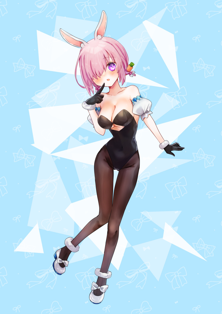 1girl absurdres alternate_costume animal_ear_fluff animal_ears black_gloves black_leotard black_pantyhose blue_background blush breasts carrot_hair_ornament cleavage clothing_cutout covered_navel detached_sleeves fate/grand_order fate_(series) finger_to_mouth food-themed_hair_ornament full_body fur-trimmed_gloves fur_trim gloves hair_ornament harukappa highres kemonomimi_mode leotard looking_at_viewer low_twintails mash_kyrielight medium_breasts medium_hair open_mouth pantyhose pink_hair purple_eyes rabbit_ears short_sleeves short_twintails solo strapless strapless_leotard thigh_gap twintails underboob underboob_cutout white_sleeves