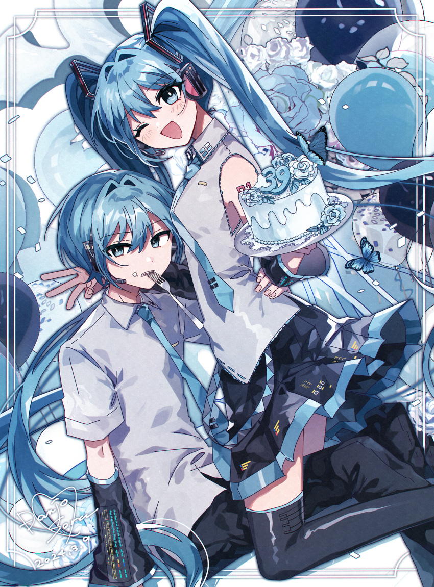 1boy 1girl ;d aqua_necktie balloon black_pants black_skirt black_sleeves blue_eyes blue_flower blue_hair blush bug butterfly cake commentary confetti danjou_sora dated detached_sleeves flower food fork full_body genderswap genderswap_(ftm) grey_shirt hair_between_eyes hair_ornament hatsune_miku hatsune_mikuo headphones highres holding holding_cake holding_food icing miku_day necktie number_tattoo one_eye_closed pants pleated_skirt shirt short_sleeves shoulder_tattoo signature skirt sleeveless sleeveless_shirt smile tattoo teeth tie_clip tongue very_long_sleeves vocaloid white_flower