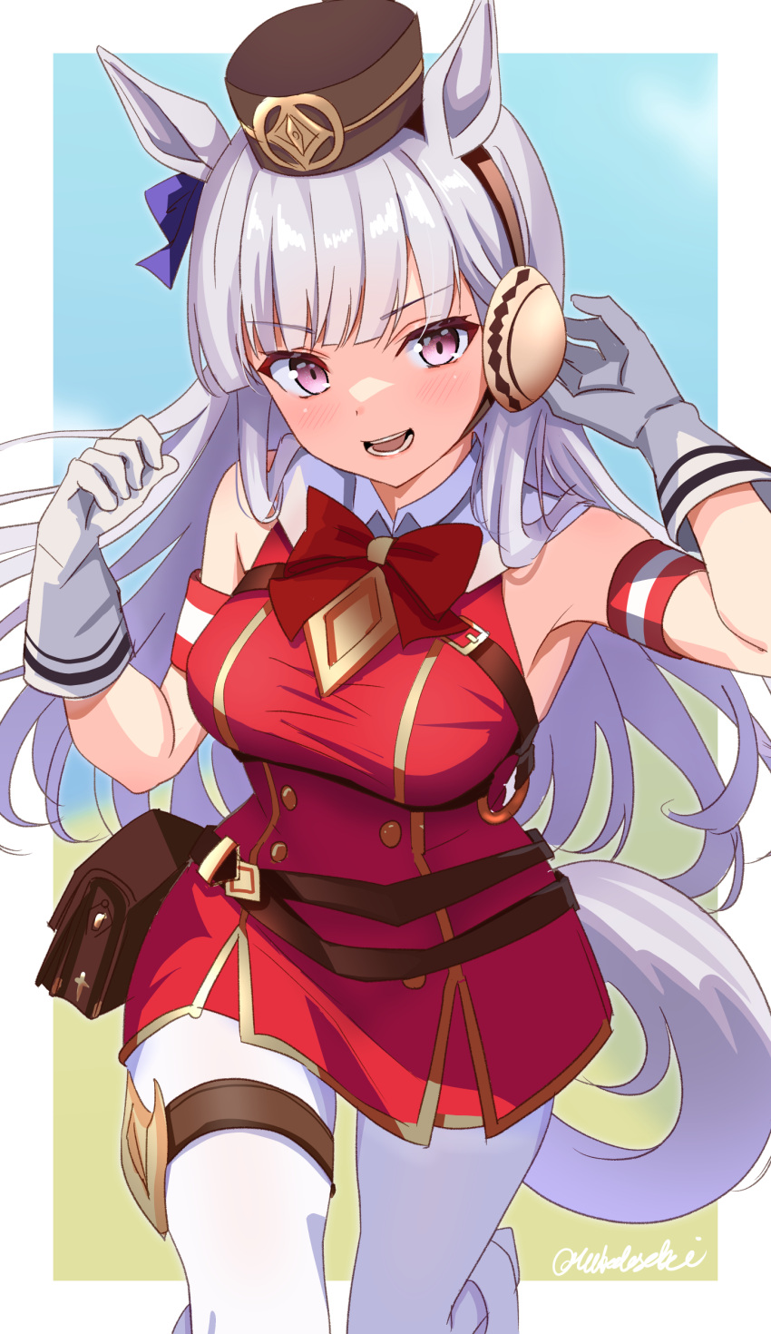 1girl :d absurdres animal_ears blunt_bangs blush border bow bowtie breasts buttons commentary_request double-breasted dress ear_bow gold_ship_(umamusume) green_background grey_hair highres horse_ears horse_girl horse_tail large_breasts long_hair looking_at_viewer making-of_available paid_reward_available pantyhose partial_commentary pillbox_hat purple_bow purple_eyes red_bow red_bowtie simple_background sleeveless sleeveless_dress smile solo tail toketa-sekai twitter_username umamusume white_border white_pantyhose