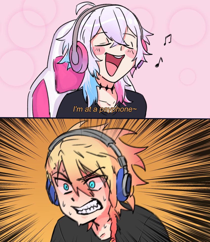 2boys absurdres ahoge axel_syrios black_shirt blonde_hair blue_eyes blue_hair blush chair clenched_teeth closed_eyes diamond_choker english_commentary english_text gaming_chair gavis_bettel glowing glowing_eyes grey_hair hair_between_eyes headphones highres holostars holostars_english male_focus meme motion_lines multicolored_hair multiple_boys musical_note open_mouth pewpawpo pink_hair red_hair shirt short_hair subtitled sweat swivel_chair teeth two-tone_hair virtual_youtuber wide-eyed zoom_layer