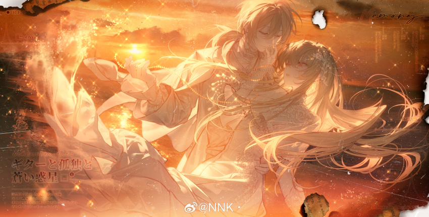 1boy 1girl absurdres blonde_hair dancing dress english_commentary hair_ornament hetero highres jewelry light_particles long_hair long_sleeves looking_at_another orange_sky orange_theme original red_eyes sky sparkle suit sunset watermark weibo_1765307475 weibo_logo weibo_username white_dress white_suit