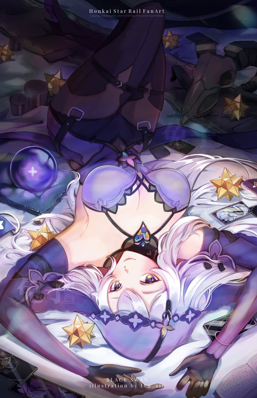 1girl absurdres bare_shoulders black_gloves black_swan_(honkai:_star_rail) commentary crystal_ball dress elbow_gloves gloves hair_spread_out highres honkai:_star_rail honkai_(series) long_hair lying on_back purple_dress purple_eyes purple_hair sleeveless sleeveless_dress solo tou_zii upside-down veil very_long_hair