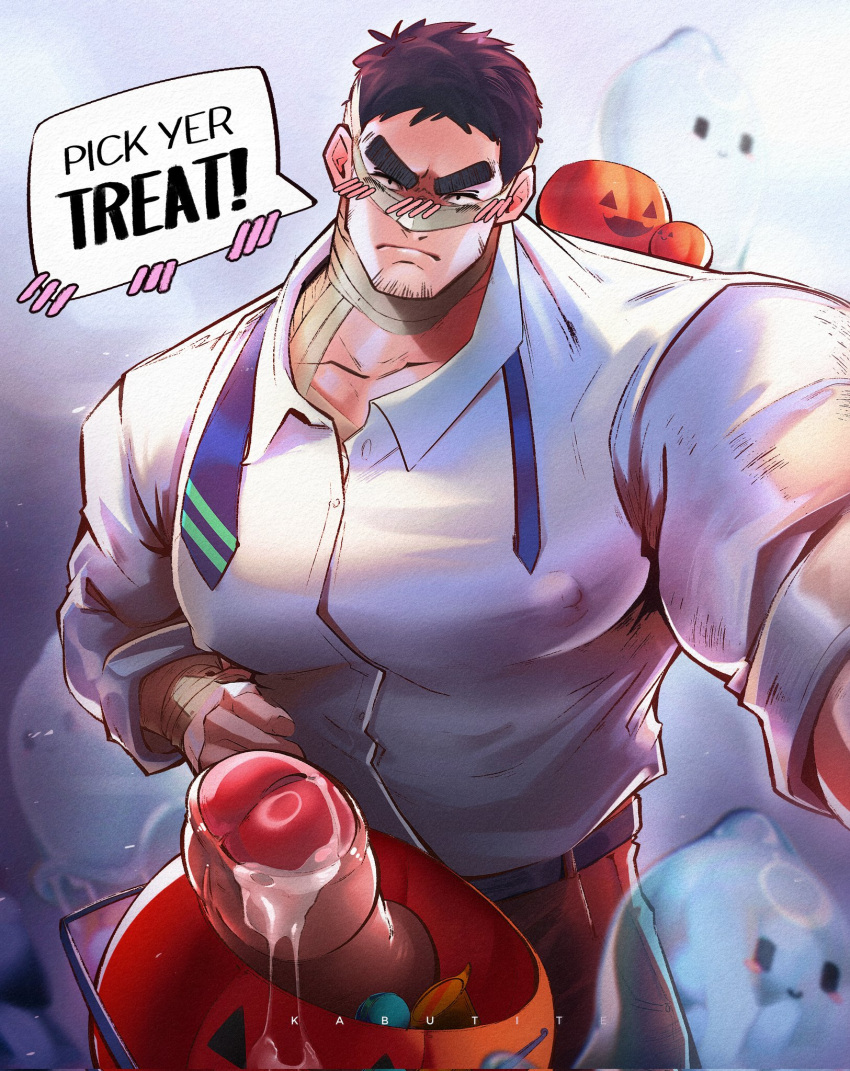 1boy alternate_pectoral_size bandaged_head bandages bara black_hair blush collared_shirt covered_nipples cowboy_shot cum_on_penis english_text facial_hair foreskin frown ghost girthy_penis goatee_stubble halloween halloween_bucket highres huge_pectorals large_penis looking_at_viewer male_focus mature_male muscular muscular_male necktie nekotine_art penis senpai_ga_uzai_kouhai_no_hanashi shirt short_hair solo stubble takeda_harumi_(shiromanta) thick_eyebrows trick_or_treat uncensored undone_necktie v-shaped_eyebrows