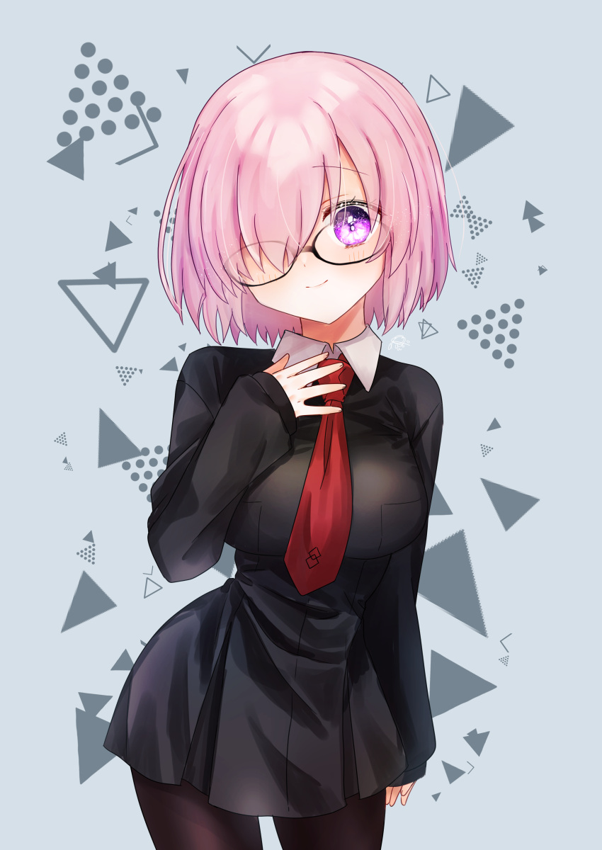 1girl absurdres black-framed_eyewear black_dress black_pantyhose blush closed_mouth contrapposto cowboy_shot dress fate/grand_order fate_(series) glasses grey_background hair_over_one_eye harukappa head_tilt highres long_sleeves looking_at_viewer mash_kyrielight medium_hair necktie pantyhose pink_hair pleated_dress purple_eyes red_necktie short_dress smile solo standing straight_hair thigh_gap wing_collar