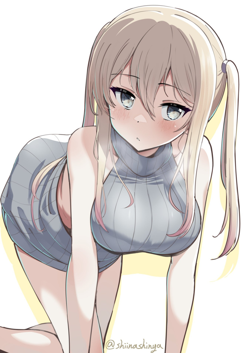 1girl all_fours alternate_costume blonde_hair blush breasts graf_zeppelin_(kancolle) grey_eyes hair_between_eyes highres kantai_collection large_breasts liking long_hair looking_at_viewer sidelocks solo twintails twitter_username white_background