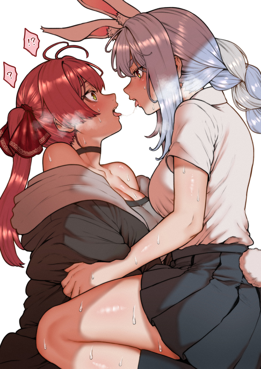 !? 2girls absurdres after_kiss animal_ear_fluff animal_ears bare_shoulders black_choker black_skirt black_socks blue_hair bow choker hair_bow highres hololive houshou_marine inamimi_(sheep1733) jacket jacket_partially_removed long_hair looking_at_another multicolored_hair multiple_girls open_mouth orange_eyes pleated_skirt rabbit_ears rabbit_tail red_bow red_hair saliva saliva_trail shirt sidelocks simple_background sitting sitting_on_lap sitting_on_person skirt socks steam sweat tail thighs tongue tongue_out twintails two-tone_hair undressing usada_pekora virtual_youtuber white_background white_shirt yellow_eyes yuri