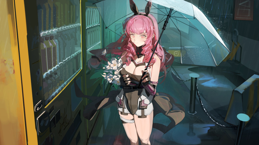 1girl absurdres animal_ears bare_shoulders bottle breasts character_request cleavage copyright_request drill_hair fake_animal_ears fingerless_gloves flower gloves highres holding holding_flower holding_umbrella large_breasts long_hair looking_at_viewer outdoors pink_eyes pink_hair rabbit_ears rosehip_t72 smile solo thigh_strap umbrella vending_machine