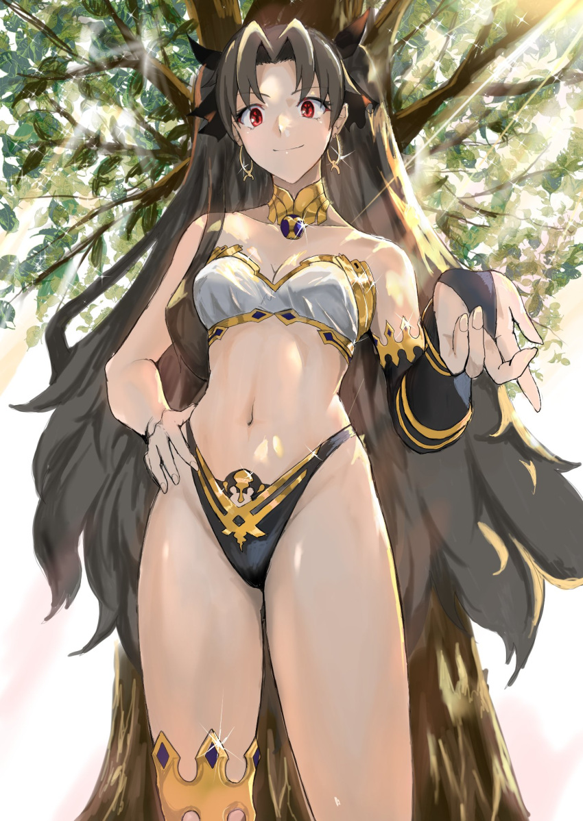 1girl arm_warmers armlet asymmetrical_legwear bikini detached_sleeves earrings elbow_gloves fate/grand_order fate_(series) fujibori gloves highres hoop_earrings ishtar_(fate) jewelry long_hair long_legs mismatched_bikini navel neck_ring red_eyes single_arm_warmer single_detached_sleeve single_elbow_glove single_thighhigh solo swimsuit thighhighs twintails two_side_up uneven_legwear