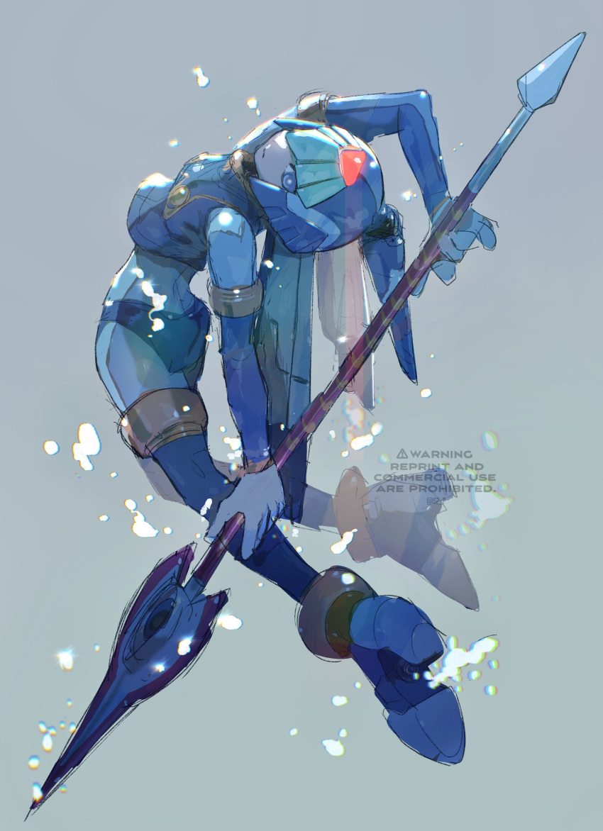 absurdres armor bent_back blue_eyes blue_helmet blue_shirt fairy_leviathan_(mega_man) fins forehead_jewel from_behind head_fins highres holding holding_polearm holding_weapon lance looking_at_viewer looking_back mega_man_(series) mega_man_zero_(series) polearm shirt submerged tanaka_(is2_p) twitter_username underwater watermark weapon