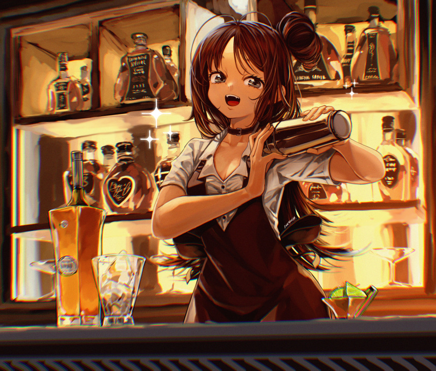 1girl absurdres alcohol apron bar_(place) bartender black_apron black_choker bottle breasts brown_hair choker cleavage clip_studio_paint_(medium) cocktail_shaker collared_shirt commentary counter employee_uniform english_commentary eudetenis fangs fingernails food fruit grey_eyes hair_bun highres holding_shaker ice ice_cube lime_(fruit) lime_slice long_hair messy_hair original shirt short_sleeves single_side_bun small_breasts solo teeth uniform upper_teeth_only whiskey