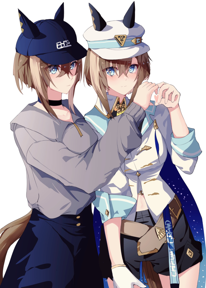 1girl animal_ears baseball_cap black_shorts blue_eyes blue_headwear breasts brown_hair character_name cheval_grand_(boc'z)_(umamusume) cheval_grand_(umamusume) dual_persona gloves grey_sweater hair_between_eyes hat hat_belt heart heart_hands highres horse_ears horse_girl horse_tail jacket long_sleeves medium_breasts multicolored_hair peaked_cap sb_(akagikeai) shorts simple_background single_glove skirt streaked_hair sweater tail umamusume white_background white_gloves white_hair white_headwear white_jacket