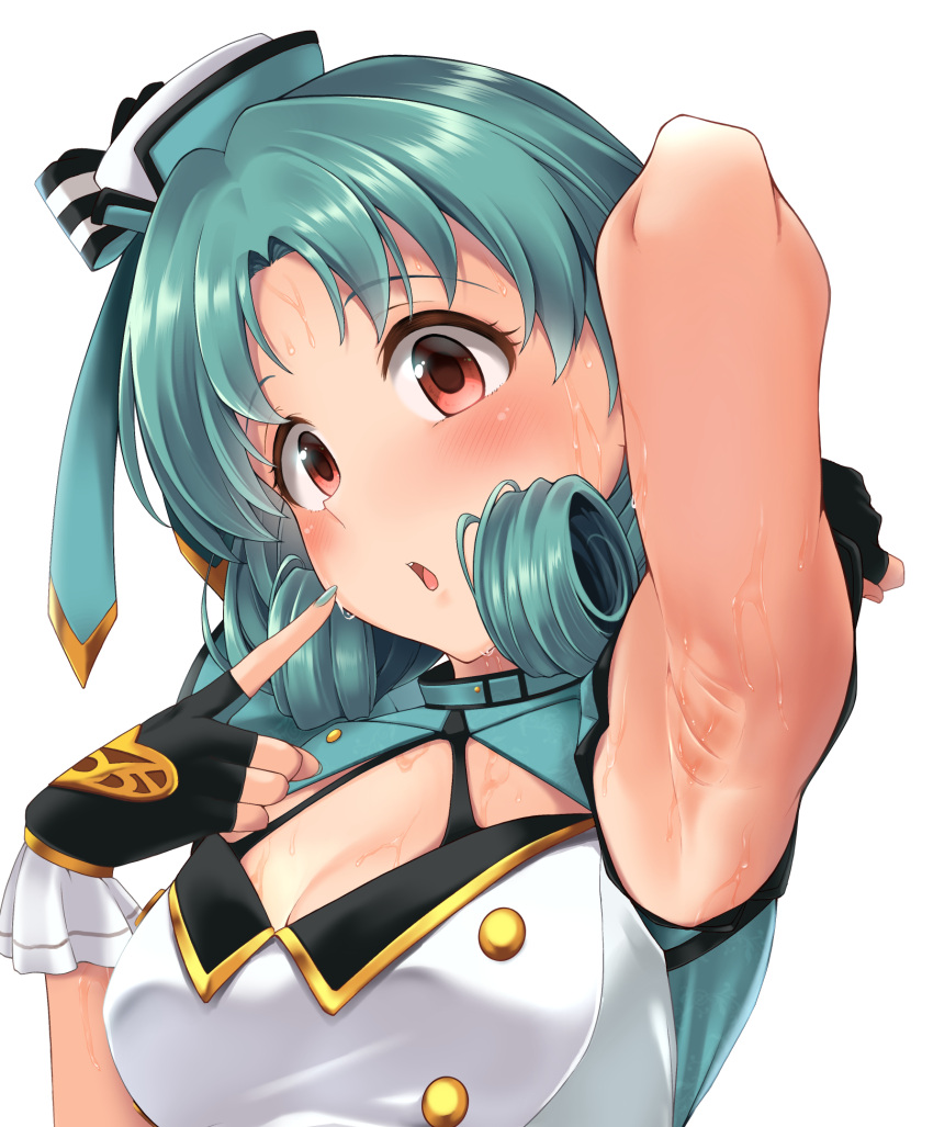 armpit_focus armpits black_gloves breasts curly_hair gloves green_hair hat highres idolmaster idolmaster_million_live! nail_polish nishi_(count2.4) presenting_armpit spread_armpit sweat sweaty_armpits tokugawa_matsuri top!_clover_(idolmaster)