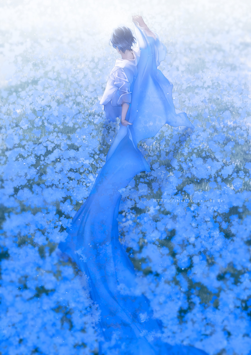 1boy arm_up black_hair blanket blue_flower blue_theme facing_away field flower flower_field from_behind highres jewelry long_sleeves male_focus original outdoors rido_(ridograph) short_hair solo standing web_address