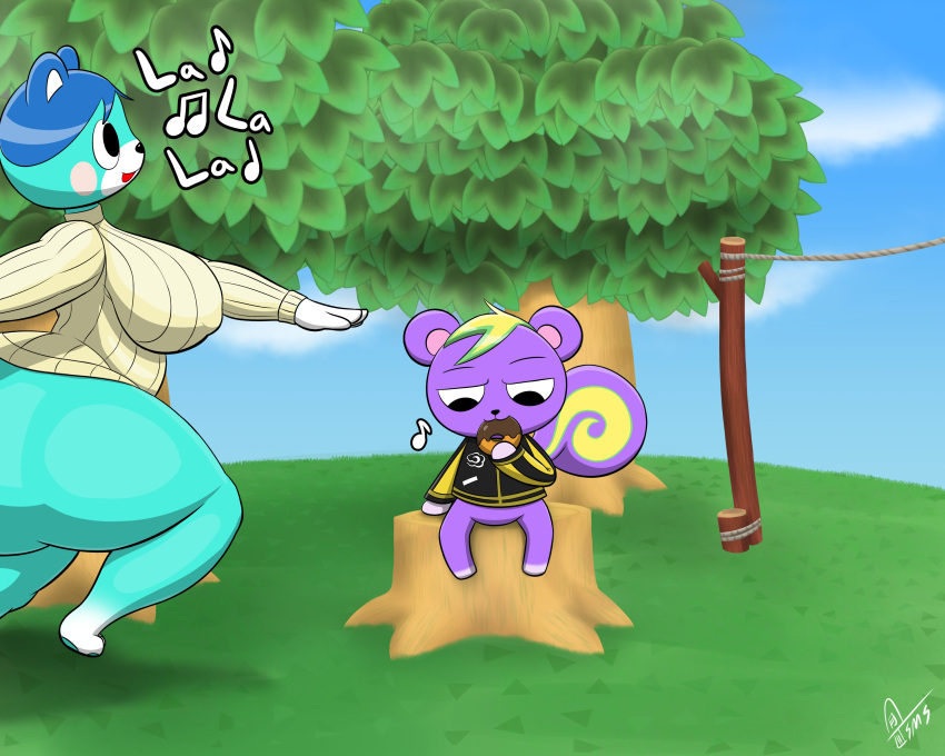 absurd_res animal_crossing anthro bear big_breasts big_butt black_clothing black_eyes black_topwear blonde_hair blue_body blue_fur blue_hair blue_highlights bluebear_(animal_crossing) bottom_heavy bottomless breasts butt clothed clothing dessert dipstick_limbs doughnut duo eating eating_food female food fur hair hi_res highlights_(coloring) huge_butt male mammal musical_note nintendo open_mouth purple_body purple_fur rodent rosy_cheeks sciurid short_hair side_view static_(animal_crossing) supermoonshroom tan_clothing tan_sweater tan_topwear text thick_thighs topwear tree_squirrel tree_stump white_body white_fur wide_hips yellow_body yellow_fur