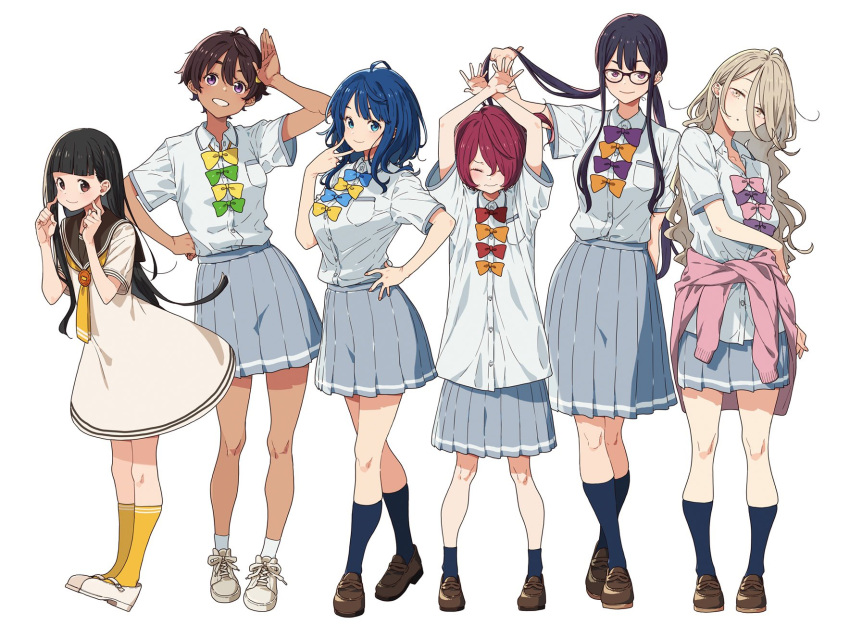 6+girls ahoge black_hair blue_eyes blue_hair bow bowtie brown_hair closed_eyes clothes_around_waist commentary_request dark_skin dress full_body highres imigimuru jacket jacket_around_waist kneehighs komari_chika light_brown_hair loafers long_hair looking_at_viewer make_heroine_ga_oo_sugiru! mary_janes multiple_girls nukumizu_kaju official_art red_hair sailor_dress school_uniform shikiya_yumeko shirt shoes short_sleeves sneakers socks tsukinoki_koto white_background white_shirt yakishio_remon yanami_anna