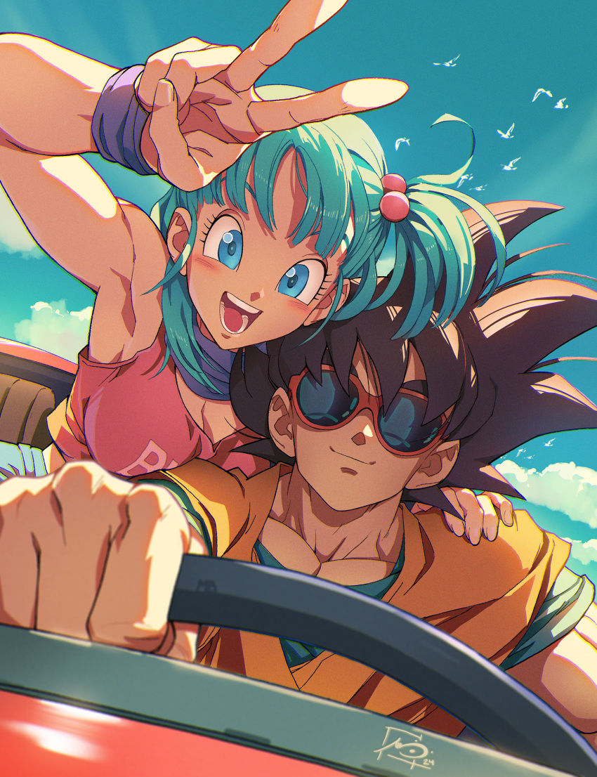 1boy 1girl aqua_hair blue_eyes blue_sky breasts bulma car cleavage dougi dragon_ball driving hair_bobbles hair_ornament hand_on_another's_shoulder highres looking_at_viewer marc_brunet motor_vehicle open_mouth pink_shirt shirt side_ponytail sky smile son_goku sunglasses v wristband