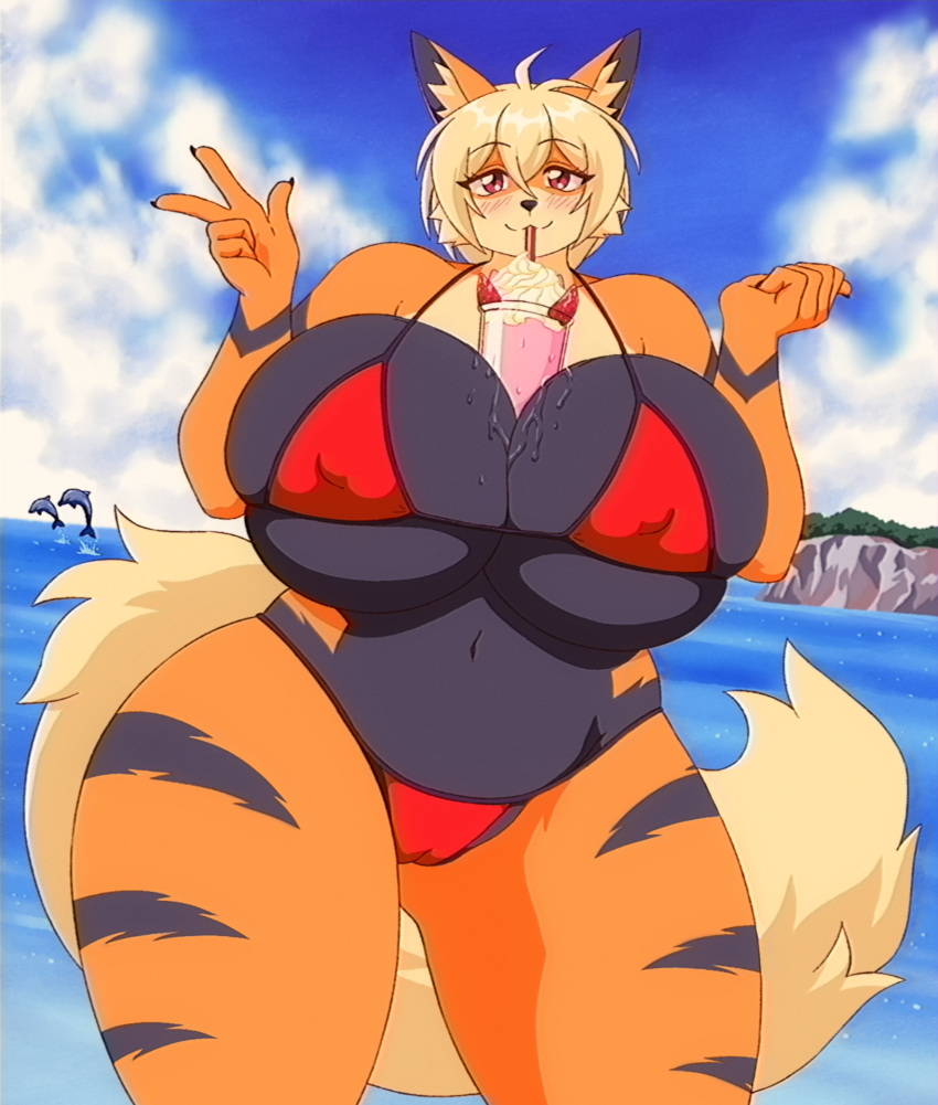 anthro arcanine barely_contained barely_contained_breasts between_breasts big_breasts bikini black_body black_fur blonde_hair breasts bulging_breasts camel_toe cetacean clothing cloud day dolphin drinking dutch_angle female fenrir_brown feral fur generation_1_pokemon gesture hair hand_gesture hi_res huge_breasts looking_at_viewer mammal marine micro_bikini navel nintendo orange_body orange_fur outside pokemon pokemon_(species) red_bikini red_clothing red_swimwear sea short_hair skindentation sky solo solo_focus swimwear tail thick_thighs toothed_whale v_sign water wide_hips
