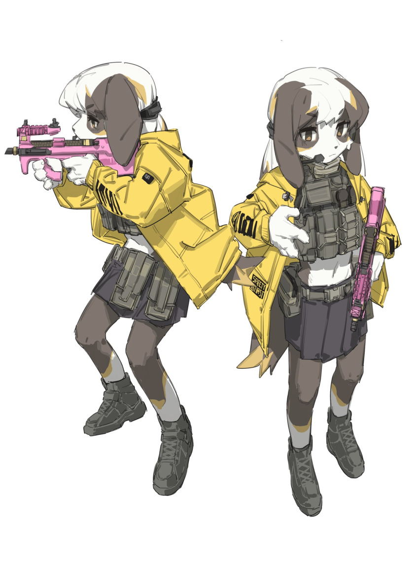 1girl aiming animal_ears animal_nose black_footwear black_skirt blonde_hair body_fur boots brown_eyes brown_fur brown_hair chinese_commentary clothes_writing commentary_request cross-laced_footwear dog_ears dog_girl dog_tail expressionless fewer_digits floppy_ears from_side full_body furry furry_female gun headset highres holding holding_gun holding_weapon jacket jianpan_xiafang_de_da_kongge load_bearing_equipment load_bearing_vest long_sleeves multicolored_hair multiple_views navel open_clothes open_jacket original profile rifle simple_background skirt standing streaked_hair tail weapon weapon_request white_background white_fur white_hair yellow_jacket