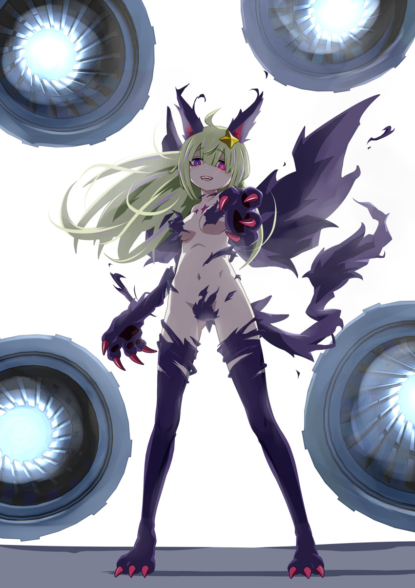 1girl 32zzz ahoge animal_ears araga_kiwi black_thighhighs breasts cannon chest_tattoo claws convenient_censoring floating floating_object floating_weapon full_body glowing glowing_eye green_hair hair_between_eyes hair_ornament highres leoparde_(mahou_shoujo_ni_akogarete) long_hair looking_at_viewer mahou_shoujo_ni_akogarete navel open_mouth pointing pointing_at_viewer purple_eyes sidelocks small_breasts solo star_(symbol) star_hair_ornament star_tattoo tail tattoo teeth thighhighs upper_teeth_only white_background wolf_ears wolf_paws wolf_tail