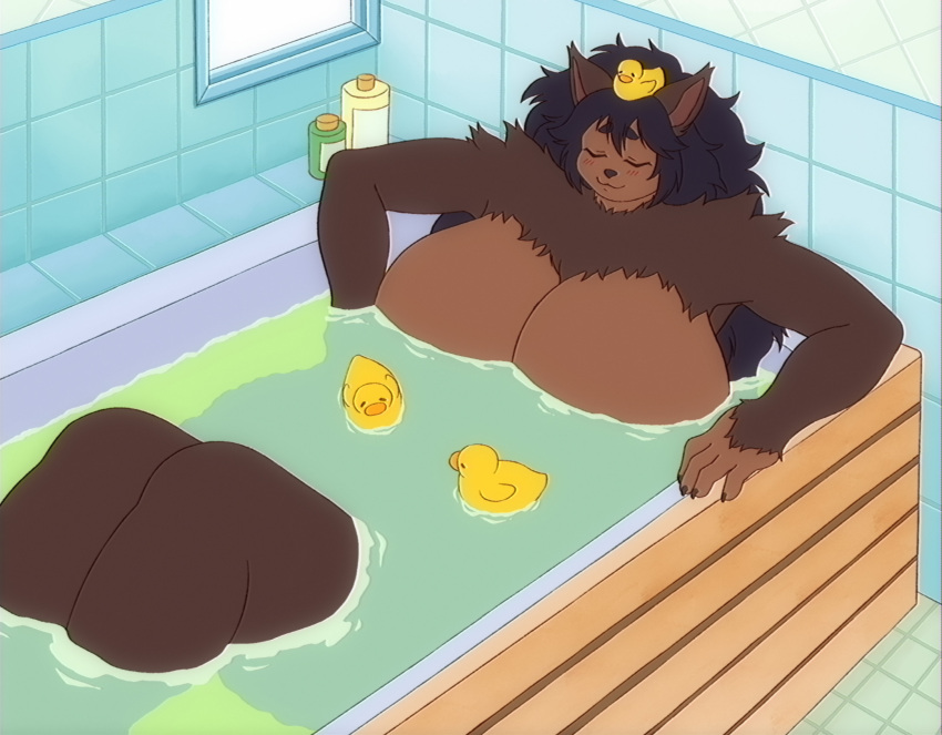 anthro bathtub big_breasts black_hair black_nose bottle breasts brown_body brown_fur canid canine canis container eyes_closed female fenrie_(fenrir_brown) fenrir_brown fur hair hi_res huge_breasts inside mammal nude object_on_head partially_submerged rubber_duck sitting smile solo toy water wolf