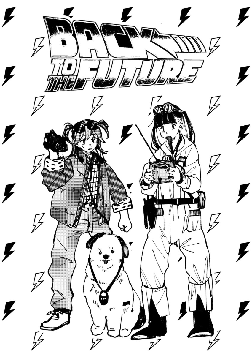 2girls back_to_the_future blunt_bangs camera colored_inner_hair commentary_request controller dog eyewear_on_head greyscale highres holding holding_camera holding_remote_control inkya_gyaru_demo_ikigaritai! jacket jumpsuit kashiwagi_tsukiko kuran_arisa long_sleeves monochrome multicolored_hair multiple_girls ogino_ichiko open_clothes open_jacket open_mouth pants poster_parody remote_control sweatdrop twintails two_side_up