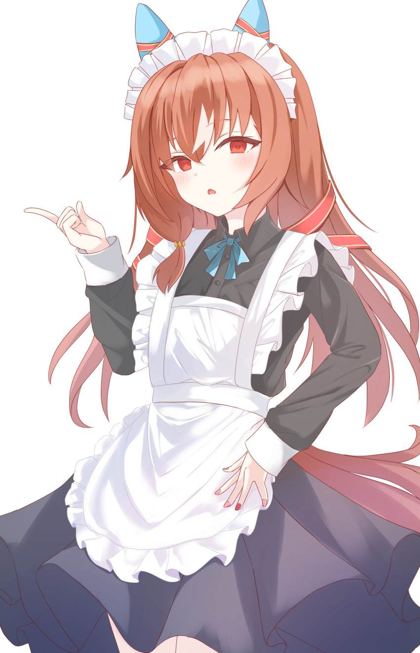 absurdres alternate_costume animal_ears apron blush breasts brown_hair commentary_request enmaided fingernails hair_between_eyes hair_ornament highres horse_ears horse_tail kudo_(user_dzch8572) looking_at_viewer maid maid_apron maid_headdress open_mouth red_eyes simple_background small_breasts still_in_love_(umamusume) tail umamusume white_background