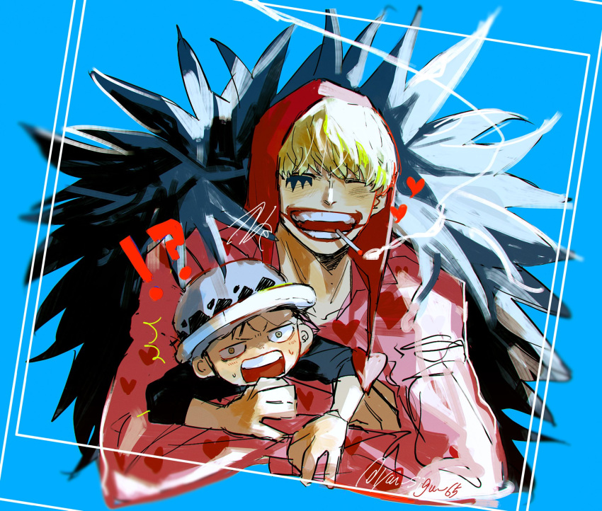 !? 2boys ^_^ azisaiharumaki56 black_coat blonde_hair blue_background blunt_bangs child cigarette closed_eyes coat commentary donquixote_rocinante facial_mark feather_coat hat heart highres hood hug long_sleeves male_focus multiple_boys one_piece pink_shirt shirt signature smoke symbol-only_commentary trafalgar_law upper_body