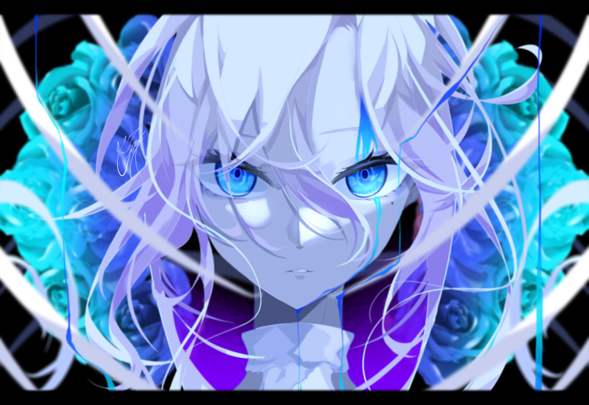 1girl blood blood_on_face blue_blood blue_eyes blue_flower blue_hair blue_rose close-up colored_skin flower goma_irasuto hair_between_eyes highres looking_at_viewer medium_hair multicolored_hair original rose signature swept_bangs upper_body white_hair white_skin