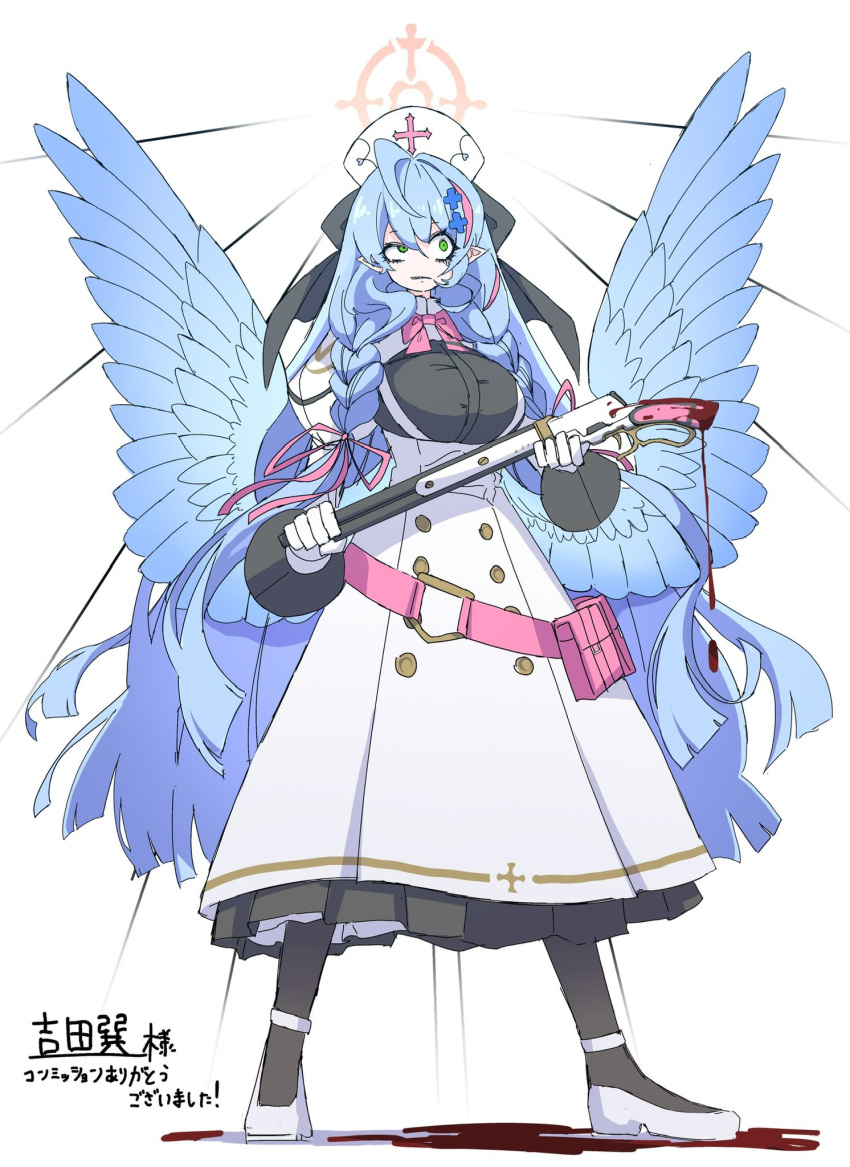 1girl angel_wings belt belt_pouch black_ribbon blood blood_drip blood_on_weapon blue_archive blue_hair blue_wings bow bowtie braid breasts buttons commentary_request dr_yamero dress full_body gloves gown green_eyes gun hair_ribbon halo hat highres holding holding_gun holding_weapon juliet_sleeves large_breasts light_blue_hair long_sleeves mine_(blue_archive) nurse_cap pink_belt pink_bow pink_bowtie pointy_ears pouch puffy_sleeves ribbon solo translation_request twin_braids weapon white_background white_dress white_gloves white_headwear wings