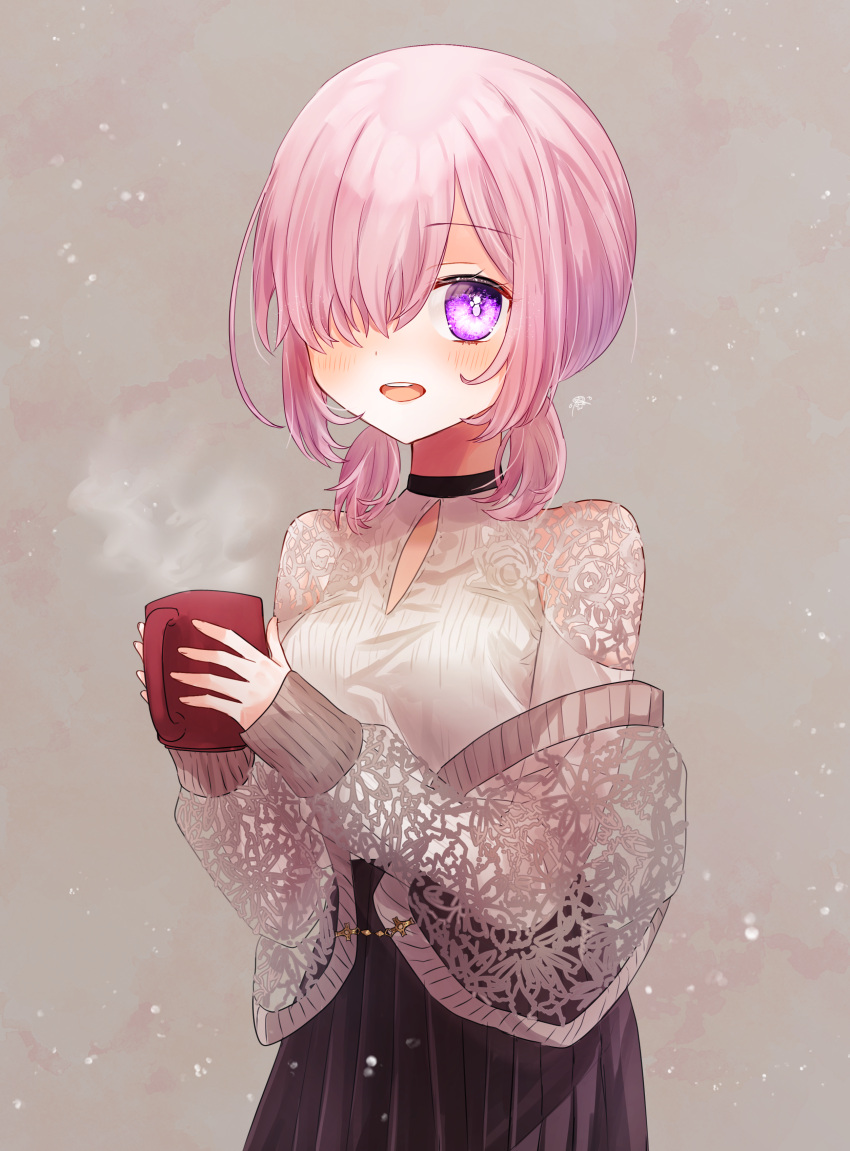 1girl :d absurdres alternate_hairstyle black_skirt clothing_cutout cup fate/grand_order fate_(series) grey_background hair_over_one_eye harukappa high-waist_skirt highres holding holding_cup long_sleeves looking_at_viewer low_twintails mash_kyrielight medium_hair open_mouth pink_eyes pink_hair pleated_skirt short_twintails skirt smile solo sweater twintails white_sweater