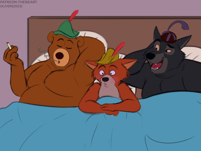 2024 absurd_res anthro bear bed belly blush brown_body canid canine canis clothing disney fox furniture group hat headgear headwear hi_res little_john male male/male mammal moobs orange_body overweight overweight_male pillow robin_hood robin_hood_(disney) sheriff_of_nottingham smoking thebeart wolf