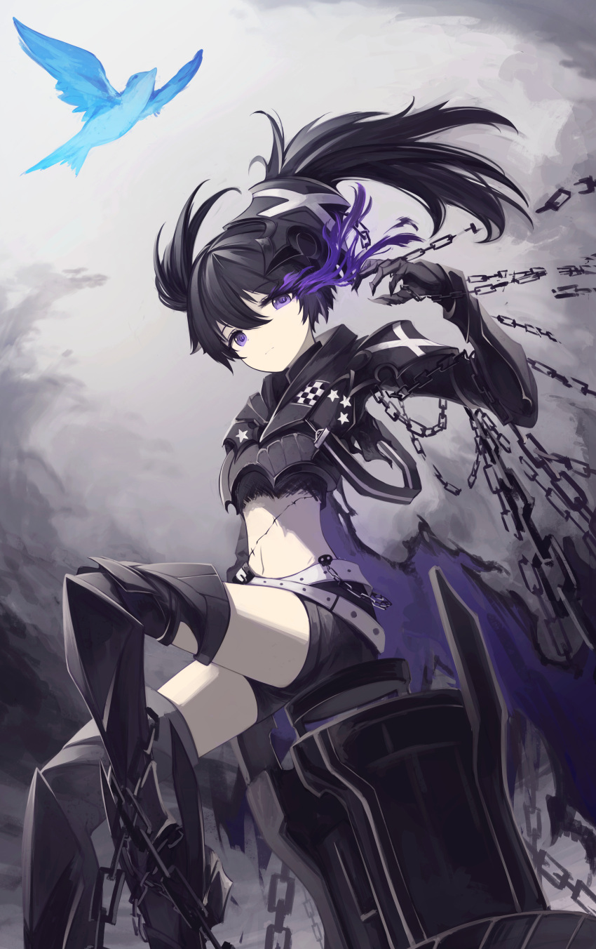 1girl :| absurdres bird black_gloves black_hair black_jacket black_rock_shooter black_rock_shooter_(character) black_shorts black_thighhighs blue_bird chain closed_mouth cropped_jacket darkworldsss expressionless flaming_eye floating_hair from_side gloves highres jacket knee_up long_hair long_sleeves navel ponytail purple_eyes shorts sidelocks sitting solo stomach thighhighs