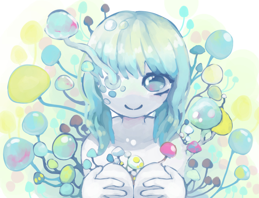 1girl aqua_hair character_request cobalt_memori collarbone colored_eyelashes colored_skin hands_on_own_knees highres long_hair looking_up multicolored_background mushroom neon_palette nude parted_lips smile solo upper_body white_skin yume_2kki