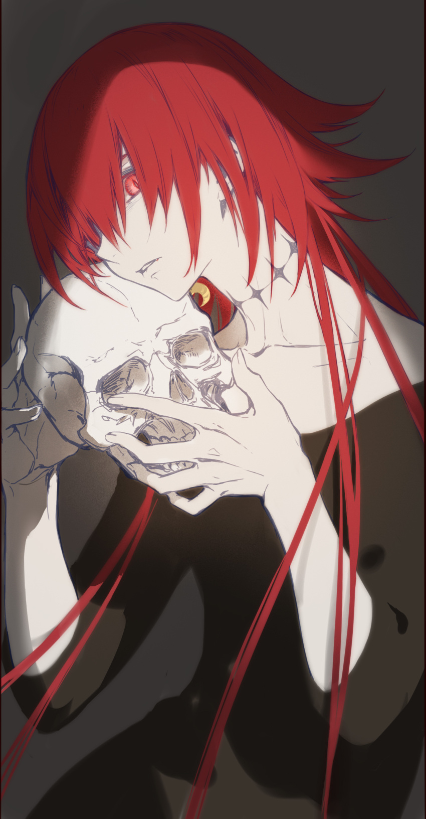 1boy absurdres black_dress collarbone commentary_request crimson_(ragna_crimson) dress earrings grey_background highres holding holding_skull jewelry long_hair looking_at_viewer male_focus neck_tattoo off-shoulder_dress off_shoulder one_eye_covered ragna_crimson red_eyes red_hair single_earring skull slit_pupils solo tattoo upper_body very_long_hair victima