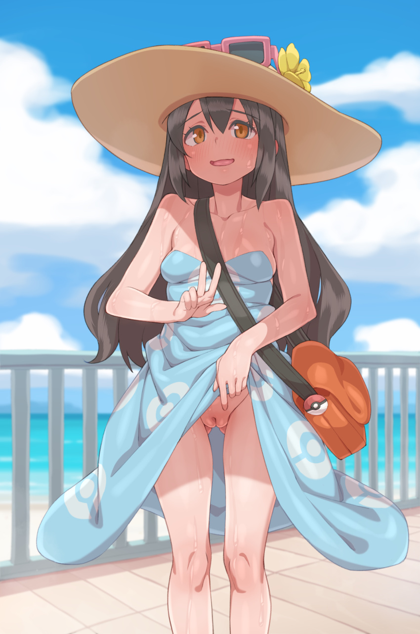 1girl bare_shoulders black_hair blue_dress blue_sky breasts brown_headwear character_request cleavage cleft_of_venus clothes_lift cloud commentary_request day dress dress_lift eyewear_on_headwear hat highres lifted_by_self looking_at_viewer medium_breasts no_panties outdoors pokemon pussy sky sleeveless sleeveless_dress smile solo standing sunglasses sweat tenako_(mugu77) w