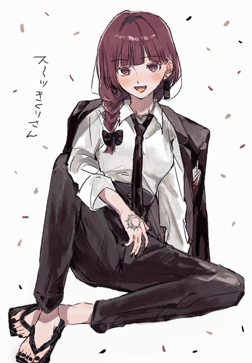 1girl alcohol_carton alternate_costume black_jacket black_nails black_necktie black_pants bocchi_the_rock! bow braid braided_ponytail breasts collared_shirt confetti earrings enu_(brandnewday02) fang hair_bow hand_tattoo highres hiroi_kikuri jacket jacket_on_shoulders jewelry knee_up long_hair long_sleeves looking_at_viewer necktie open_mouth pants purple_eyes purple_hair sandals shirt shirt_tucked_in simple_background sitting small_breasts smile solo tattoo translation_request white_background