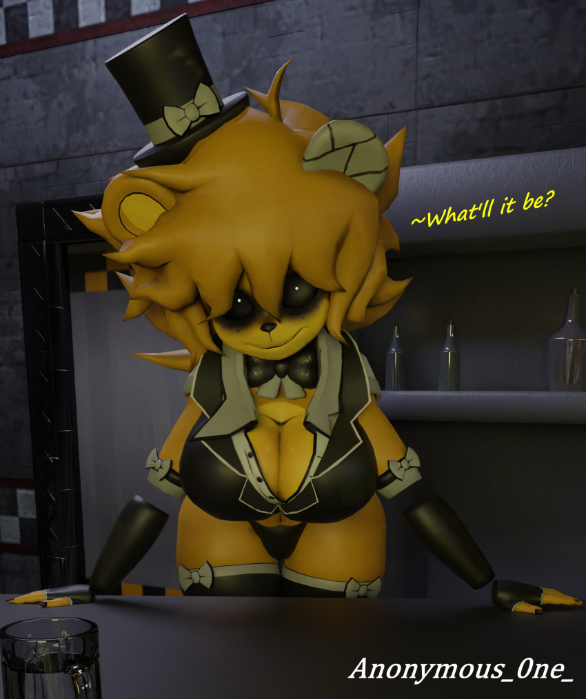 absurd_res anonymous_0ne anthro bear big_breasts bottle bow_ribbon breasts clothed clothing container dialogue female five_nights_at_freddy's fredina's_nightclub ghost golden_freddy_(fnaf) golden_fredina_(cally3d) hat headgear headwear hi_res mammal scottgames skimpy solo spirit top_hat