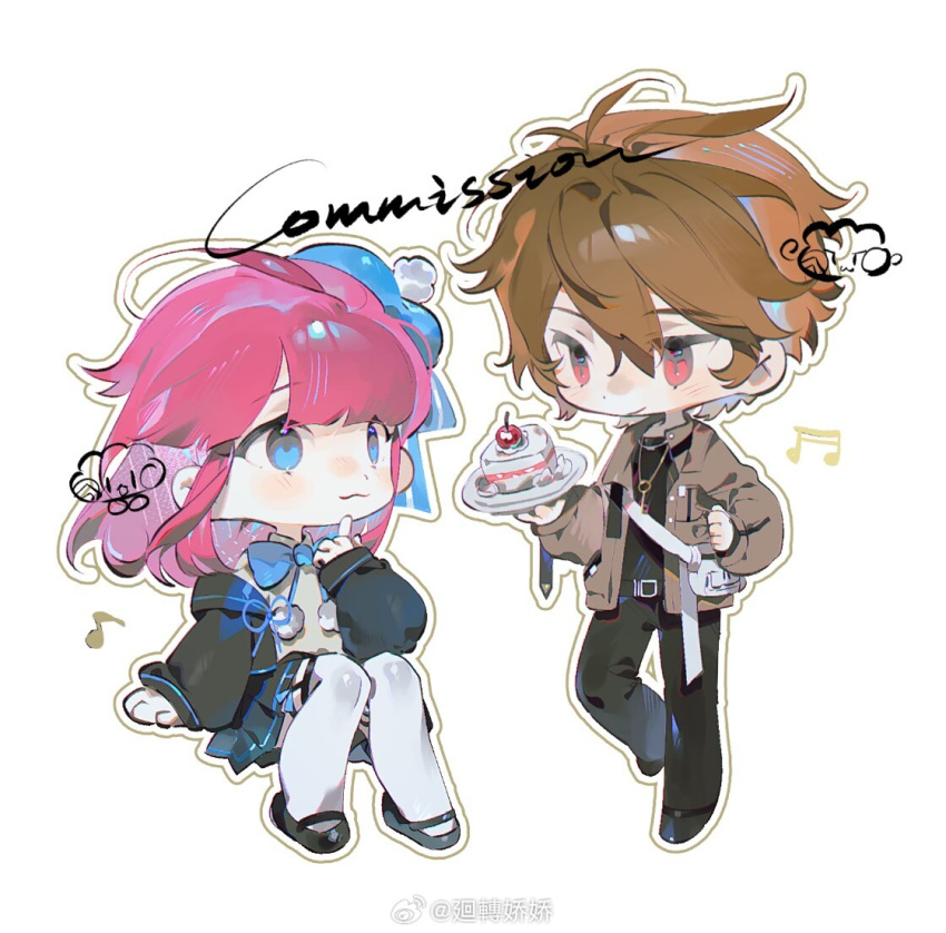 1boy 1girl artist_name baiwei_lai beamed_sixteenth_notes belt belt_buckle black_belt black_footwear black_jacket black_pants black_shirt black_skirt blue_bow blue_bowtie blue_eyes blue_hat blue_skirt blunt_bangs blush_stickers bow bowtie brown_hair brown_jacket buckle cake cake_slice cherry chibi closed_mouth collared_jacket collared_shirt commission eighth_note eyelashes food fruit full_body hair_bow hat holding holding_food holding_plate hood hood_down jacket jewelry light_blush long_hair long_sleeves looking_at_another mary_janes miniskirt musical_note necklace open_clothes open_jacket original outline pants pink_hair plate pleated_skirt pocket pom_pom_(clothes) puffy_long_sleeves puffy_sleeves red_eyes sample_watermark shirt shoes short_hair simple_background sitting skirt sleeves_past_wrists smile strawberry_shortcake thighhighs watermark weibo_logo weibo_username white_background white_outline white_shirt white_thighhighs yellow_outline