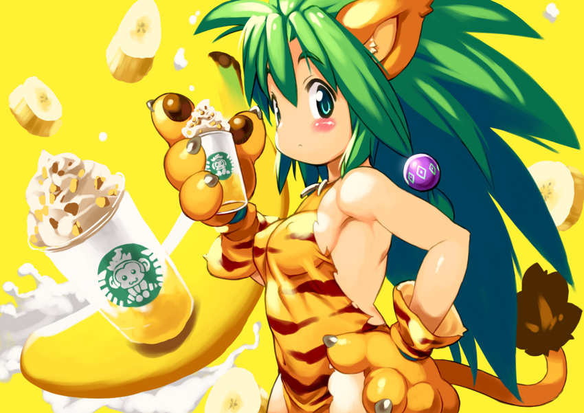 1girl animal_ears animal_hands animal_print banana banana_slice big_hair blush brand_name_imitation breasts cat_ears cat_tail cham_cham claws covered_nipples cup disposable_cup dress food food-themed_background frappuccino from_side fruit gloves green_eyes green_hair hair_bobbles hair_ornament halter_dress halterneck hand_on_own_hip holding holding_cup long_hair no_bra paw_gloves print_dress samurai_spirits sideways_glance solo starbucks tail tiger_print torn_clothes whipped_cream yellow_background yu_3