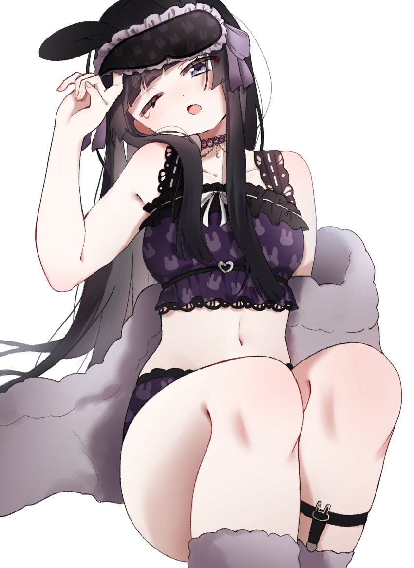 1girl :o adjusting_eyewear arm_at_side bare_shoulders black_hair blush breasts cardigan collarbone dot_nose eye_mask feet_out_of_frame frilled_shirt frills grey_cardigan grey_socks hand_up head_tilt highres kneehighs legs_together long_hair looking_at_viewer mask mask_on_head medium_breasts midriff navel nijisanji off_shoulder one_eye_closed open_cardigan open_clothes open_mouth purple_eyes purple_shirt purple_shorts sanma_(pixiv_67210960) shirt shorts sidelocks simple_background sitting sleep_mask sleepy sleeveless sleeveless_shirt socks solo stomach straight_hair thighs tsukino_mito white_background